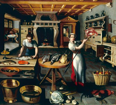 Two Women in a Kitchen by Flemish School